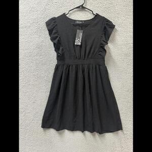 Solersun Dress Womens Medium Black  V Neck Ruffle Sleeveless A Line Casual